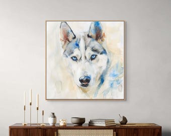 Portret Husky na płótnie, niebieska akwarela ze zwierzęciem do dekoracji pokoju