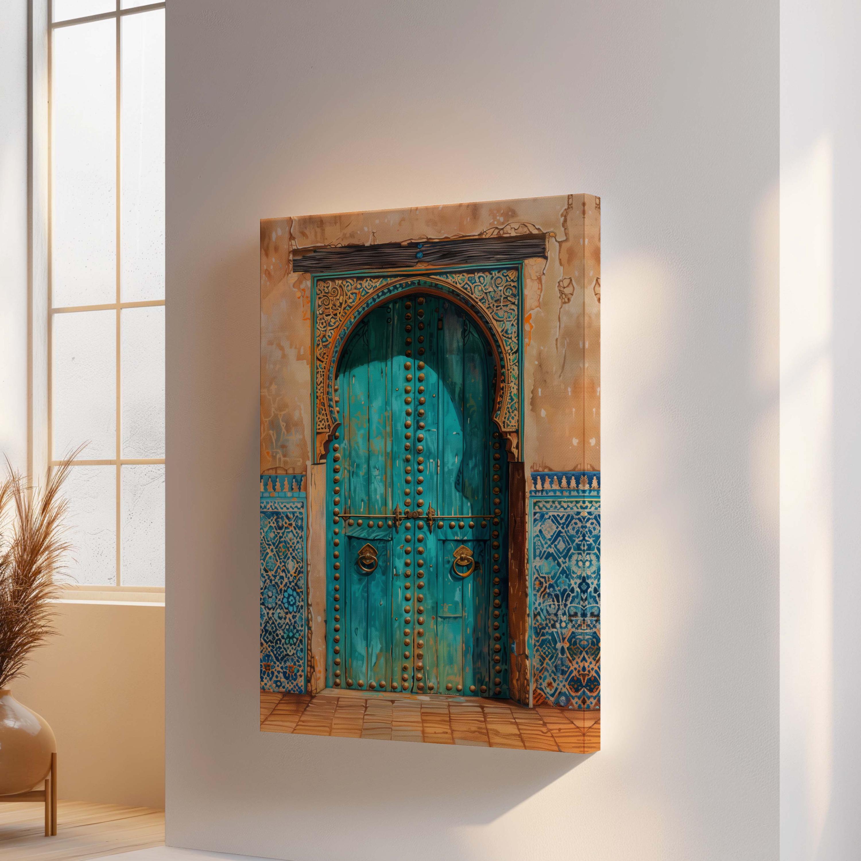 Turquoise Door Canvas Print, Blue Rustic Moroccan Wall Art for