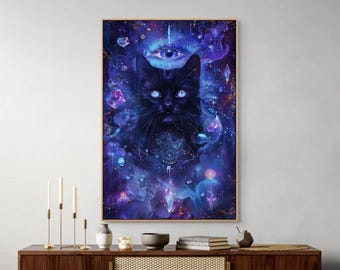 Toile imprimée Chat Mystique, Art Mural Fantaisie Cosmique Violet et Bleu pour la Décoration Intérieure