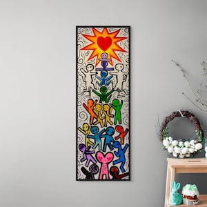 Pop Art Unity Panoramic Canvas Print, Colorful Modern Line Art Wall Decor