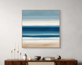 Ocean Horizon Canvas Wall Art : Minimal Blue Seascape Print for Coastal Living Room Decor