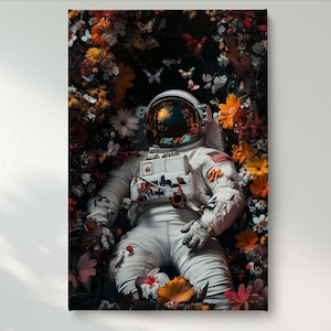 Astronaut with Flowers Canvas Wall Art, Space Theme Canvas Print, Surreal Galaxy Canvas Wall Decor, Ready to Hang