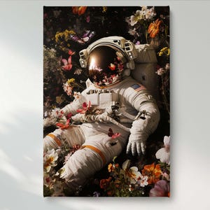 Astronaut in Flowers Canvas Wall Art, Space Theme Canvas Print, Surreal Galaxy Canvas Wall Decor, Ready to Hang