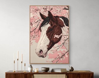 ピンクの馬のキャンバスプリント - 日本の花のイラストウォールアート - ユニークなファームハウスの装飾