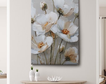 White Abstract Flower Canvas Wall Art – Modern Impasto Floral Print
