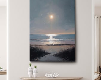 Canvasprint maanverlichte oceaan strand - kunst aan de muur kust zeegezicht - serene slaapkamerdecoratie