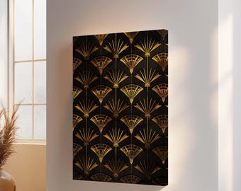 Lienzo impreso con abanico Art Déco dorado, cuadro con estampado negro.