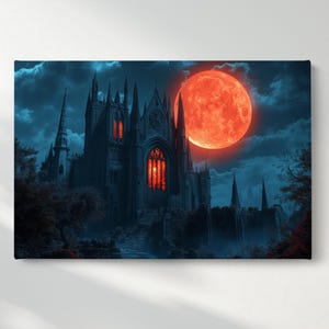 Majestic Castle Canvas Wall Art, Medieval Build Canvas Print, Bloody Moon Wall Poster, Fantastic Home Decor, Ready to Hang