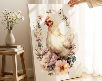 白い鶏の花柄キャンバスプリント - ファームハウスの鶏の壁アート - カントリーキッチンの装飾