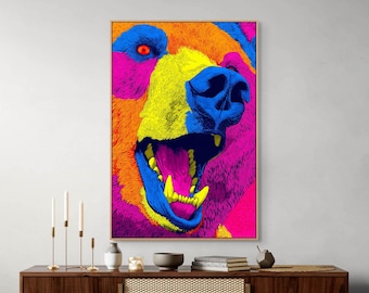 Roaring Grizzly Bear Canvas Print - Colorful Pop Style Wall Art - Modern Cabin Decor