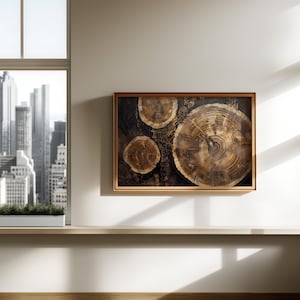 Art mural sur toile, anneaux d'arbre, grain de bois : impression de nature rustique, décoration de forêt aux tons ocre