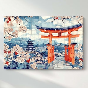 Torii Gate Canvas Wall Art, Japanese Temple Canvas Print, Sakura Landscape Canvas Wall Decor, Ready to Hang