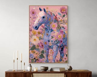 Lienzo decorativo con diseño de caballo floral: estampado de flores coloridas para decorar el dormitorio.