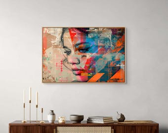 Abstract Portrait Canvas Wall Art, Vibrant Teal Orange Print for Living Room Decor
