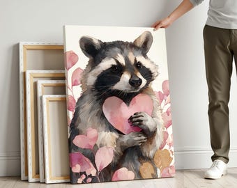 Raccoon Watercolor Heart Print – Valentine's Day Wall Art