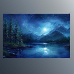Moonlit Mountain Lake Night Canvas Wall Art