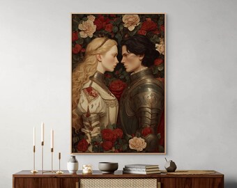 Toile d'art médiévale amoureux - Impression murale gothique romantique pour décoration de chambre à coucher