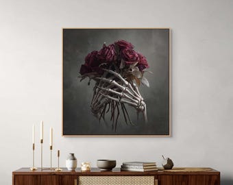 Skeleton Hands with Roses Canvas Wall Art : Gothic Botanical Room Decor