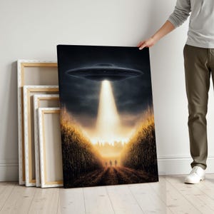 UFO Encounter Canvas Print, Dark Sci-Fi Alien Wall Art for Room Decor