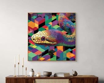 Snake Canvas Wall Art : Vibrant Geometric Reptile Print for Eclectic Modern Decor