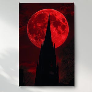 Bloody Moon Leinwand Wandkunst, Schloss Landschaft Leinwand Druck, Fantasy Wand Poster, fantastische Wohnkultur, fertig zum Aufhängen