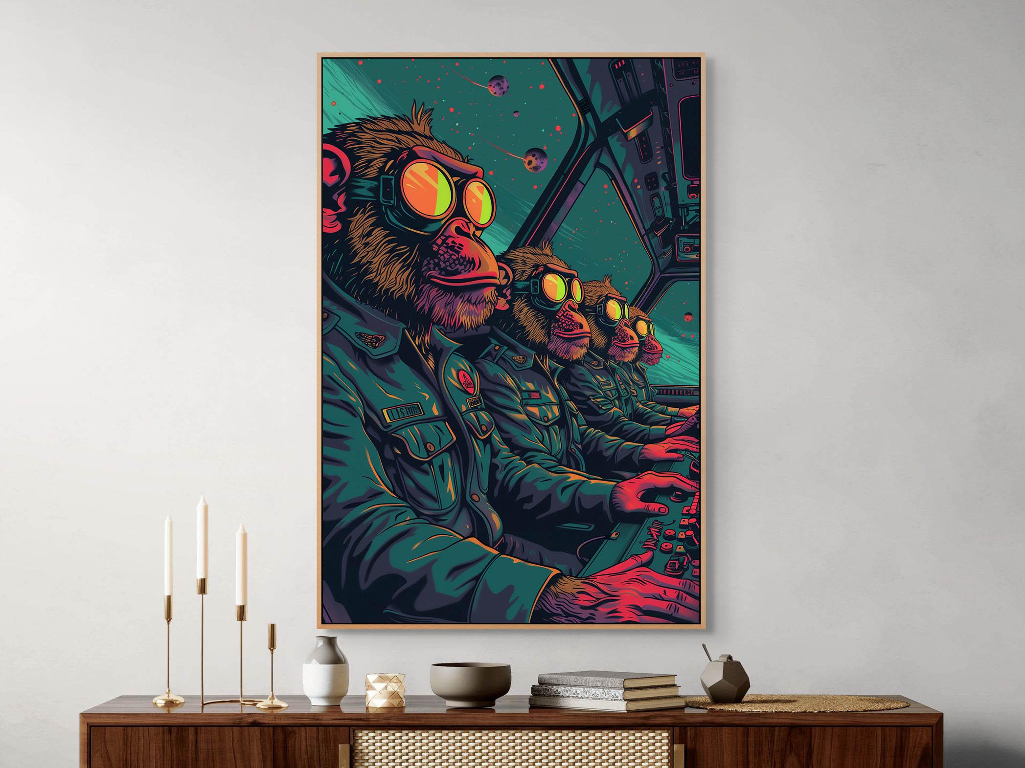 Astronaut Monkey Crew Canvas Wall Art, Teal Orange Living Room