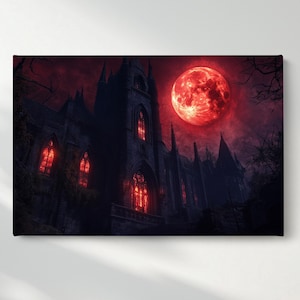 Majestic Castle Canvas Wall Art, Medieval Build Canvas Print, Bloody Moon Wall Poster, Fantastic Home Decor, Ready to Hang