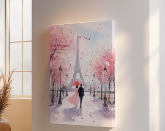 Cuadro romántico de la Torre Eiffel – Lámina de pareja en acuarela rosa de París para decoración de aniversario