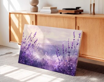 Quadro em tela com estampa de campo de lavanda: Impressão em tons pastel para decoração de quarto.