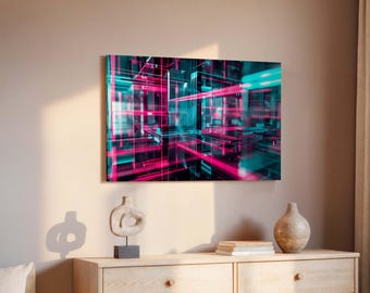 Neon Grid Canvas Print, Pink Blue Futuristic Wall Art for Modern Room Decor