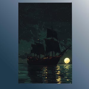 Moonlit Pirate Ship Landscape Canvas Wall Art