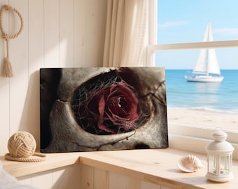 May include: A canvas print depicting a skull with a red rose in the eye socket. The skull is set against a blurred background of a beach and ocean with a sailboat in the distance.