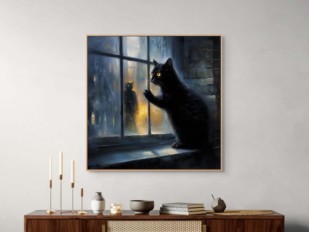 Black Cat by the Window Canvas Wall Art : Mystical Night Room