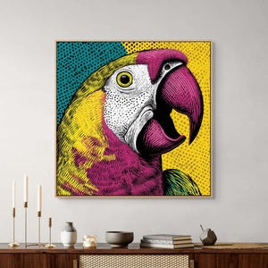 Pop-art papegaai canvas muurkunst: kleurrijke vogelportretafdruk voor eclectisch tropisch decor