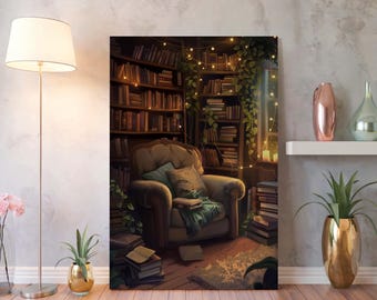 Gemütliche Leseecke Leinwand Wandkunst: Vintage Bibliothek Raumdekor