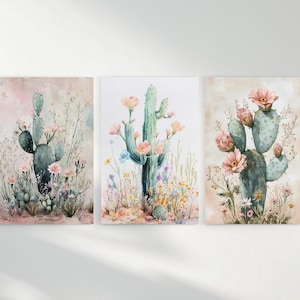 Cactus Canvas Art, Succulent Wall Decor, Boho Style Painting for Living Room, Botanical Modern Home Decor, Ready to Hang, Set of 3 Print