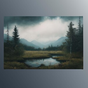 Misty Mountain Landscape with Pond Canvas Wall Art