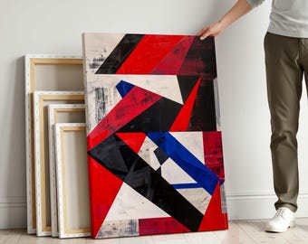 Geometric Red Canvas Print, Bold Abstract Blue Black Wall Art for Modern Decor