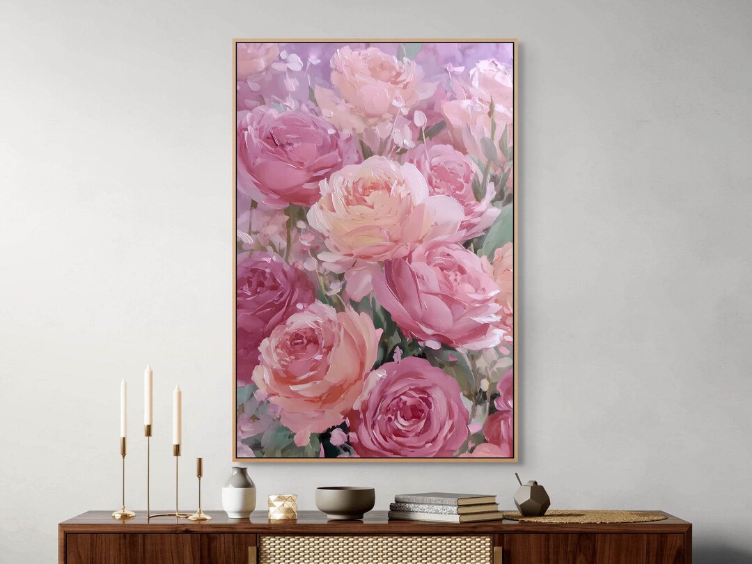 Pink Rose Impressionist Canvas Print - Floral Bouquet Wall Art - Living ...