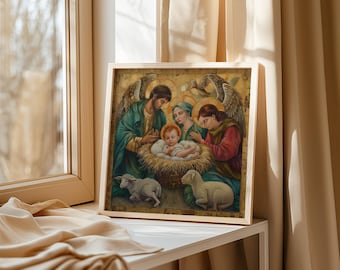 Victorian Christmas Canvas Print, Holy Nativity Scene Religious Wall Art