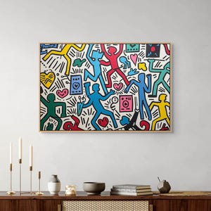 Impresión en lienzo inspirada en Keith Haring, arte pop colorido para decorar la habitación.