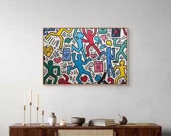 Keith Haring Inspired Canvas Print, Colorful Pop Art Wall Art for Room Decor