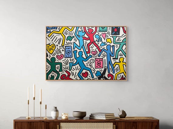 Keith Haring ポップアート 印刷作品 Keith Haring Inspired Canvas Print, Colorful Pop Art Wall Art for