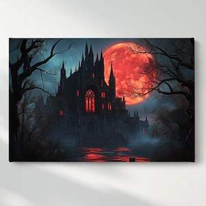 Majestic Burg Leinwand Wandkunst, Mittelalterliche bauen Leinwand, Blutiger Mond Wand Poster, Fantastische Wohnkultur, fertig zum Aufhängen