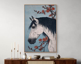 日本の馬の花のキャンバスプリント - 浮世絵風動物のウォールアート - 乗馬用寝室装飾