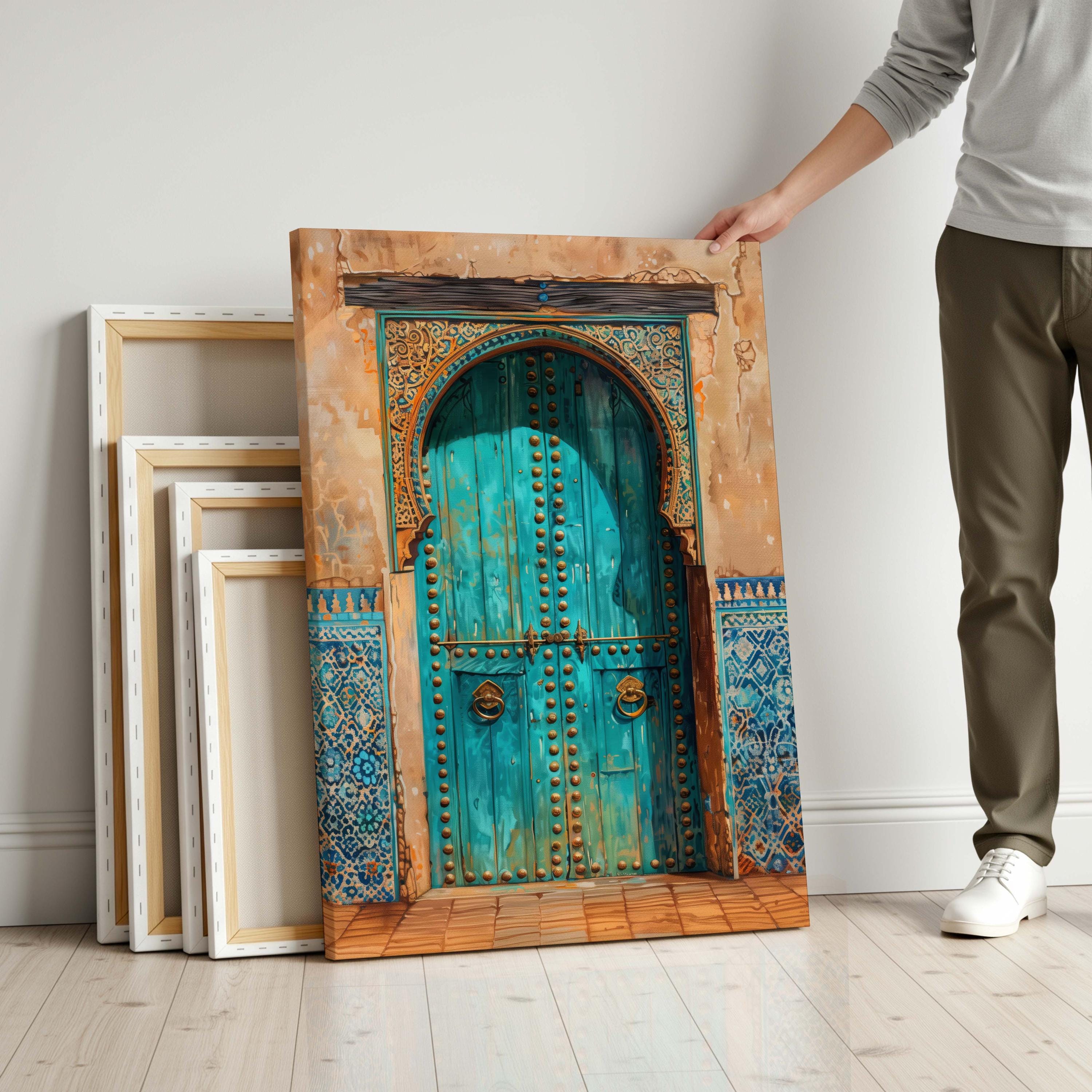 Turquoise Door Canvas Print, Blue Rustic Moroccan Wall Art for
