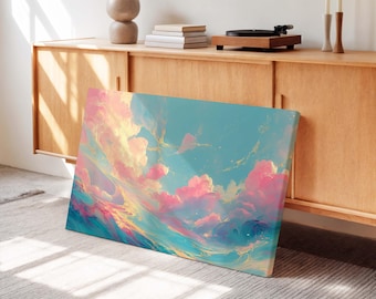 Dreamy Sky Canvas Wall Art – Vibrant Pink Blue Abstract Cloud Print for Living Room