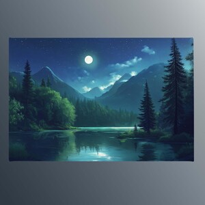 Moonlit Forest Lake Canvas Wall Art