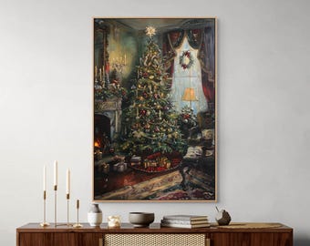 Victorian Tree Canvas Print, Green Gold Victorian Christmas Wall Art for Home Decor