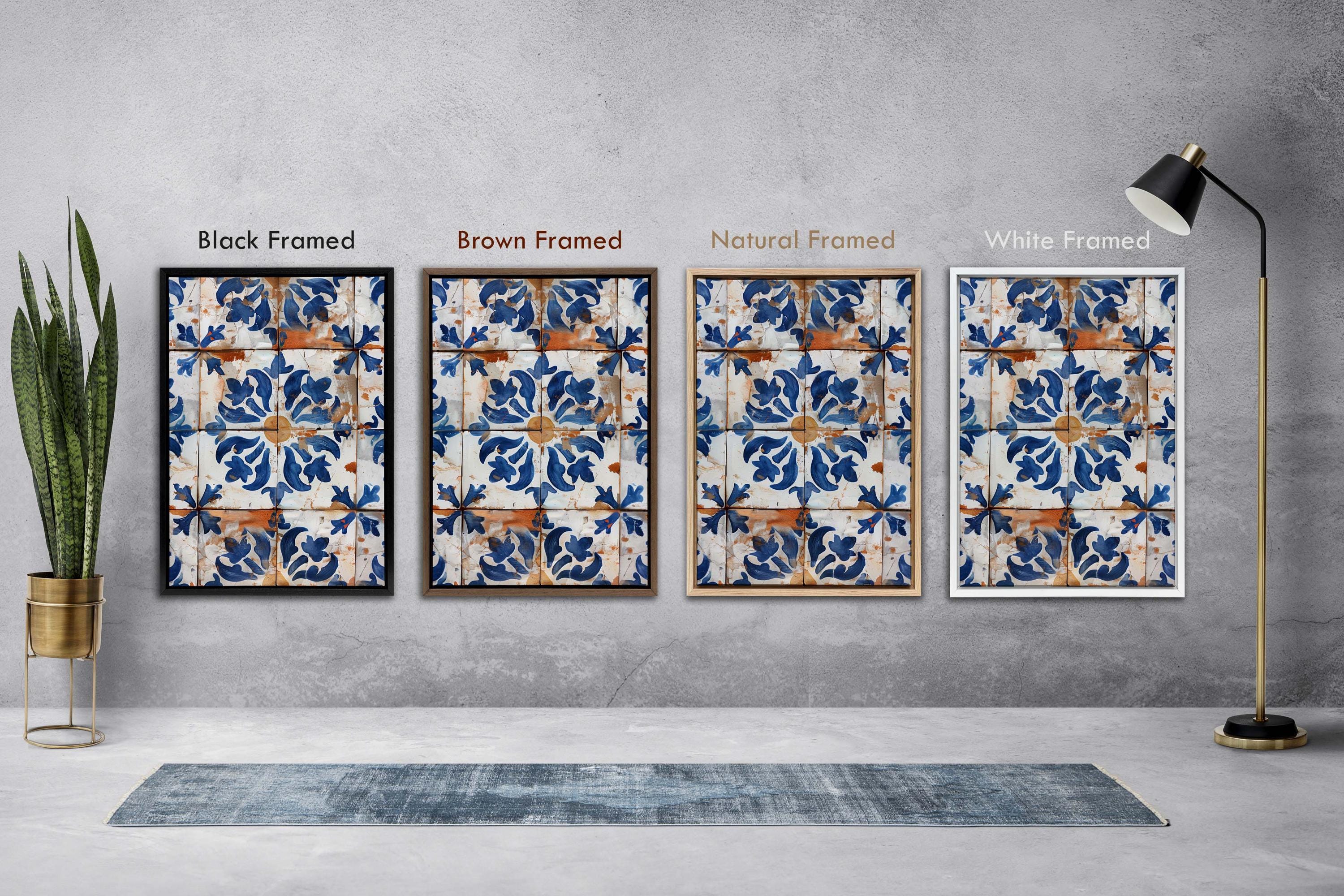 Mediterranean Tile Canvas Wall Art : Blue Floral Pattern Room